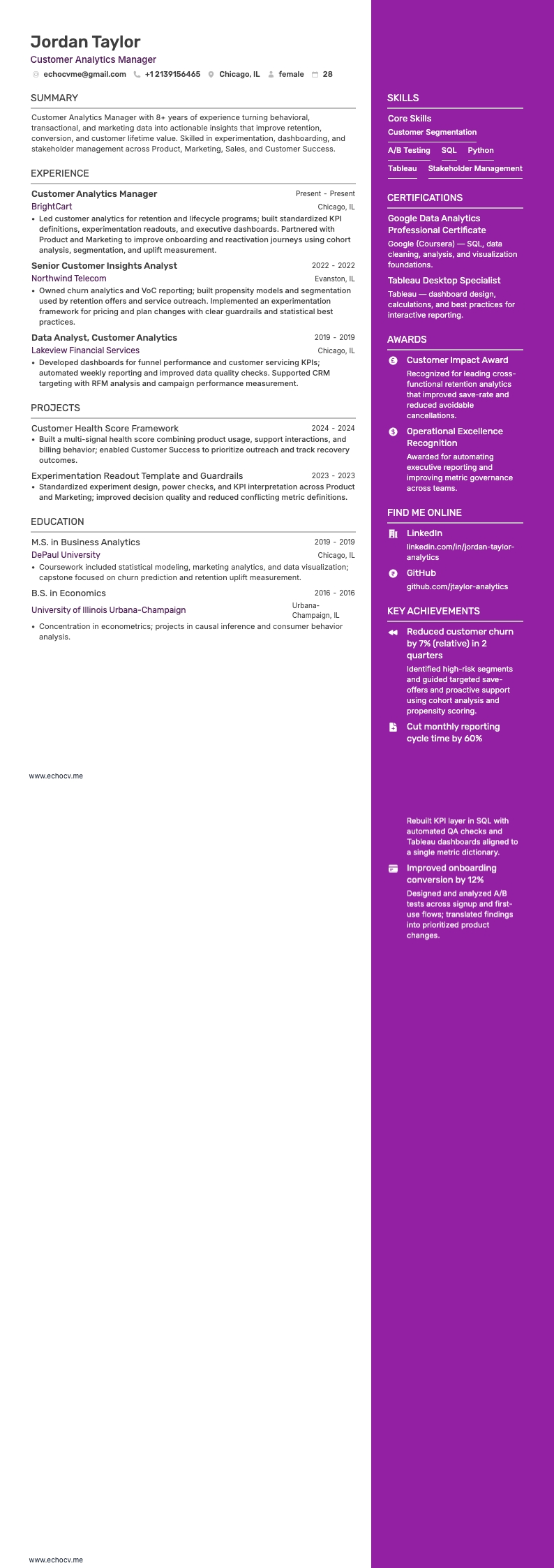 고객 분석 관리자 example resume