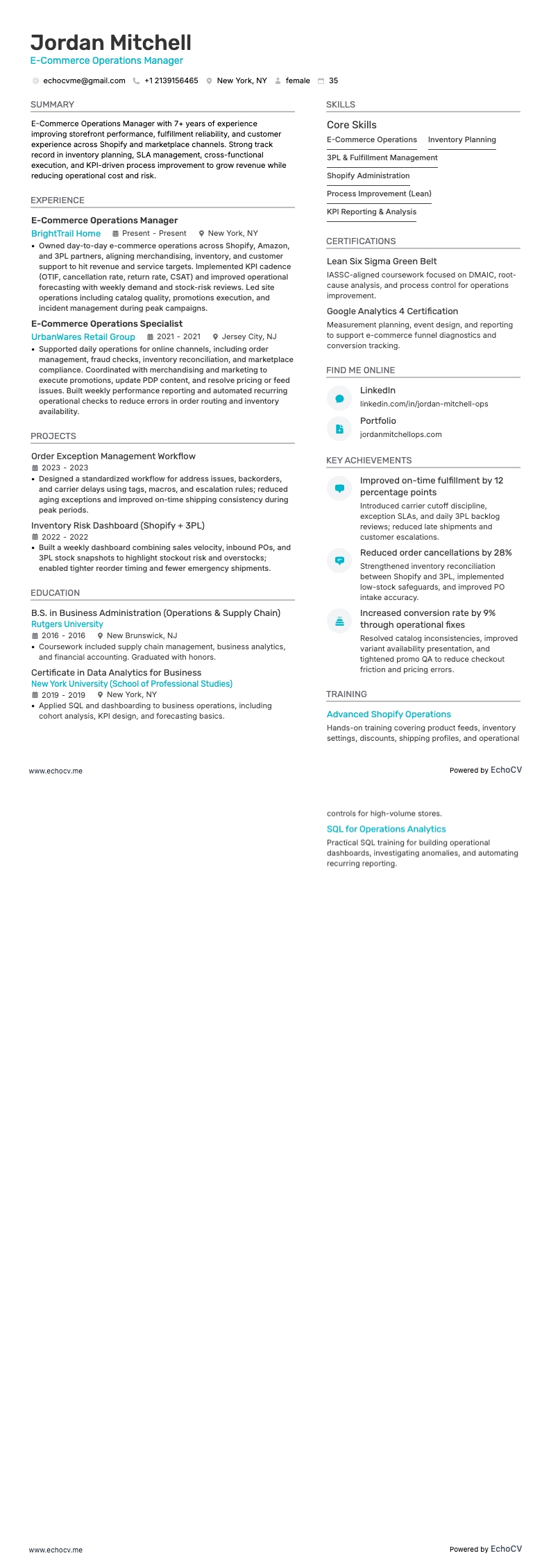 E-Commerce Operations Manager example resume