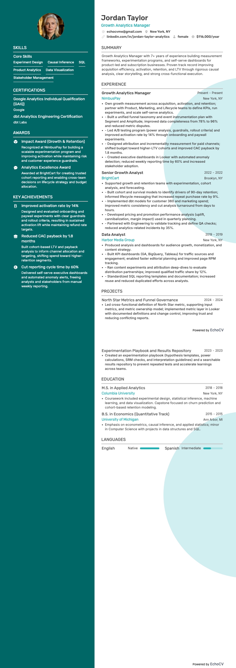 성장 분석 관리자 example resume