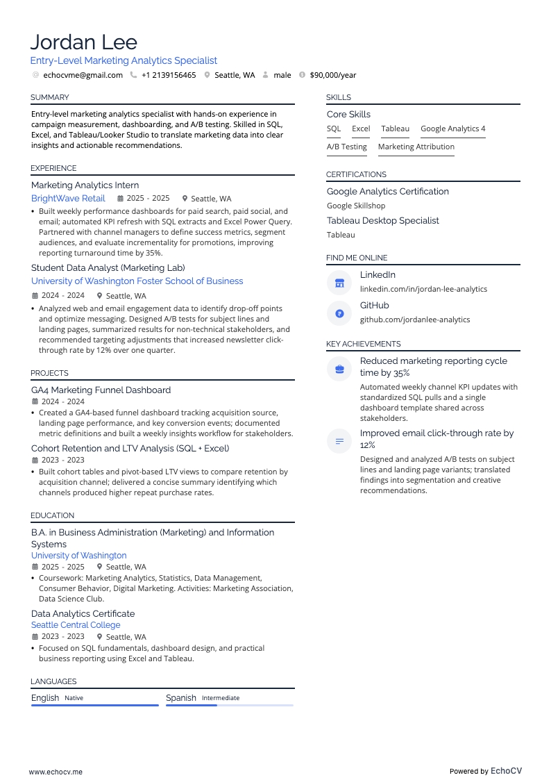 초급 마케팅 분석 전문가 example resume