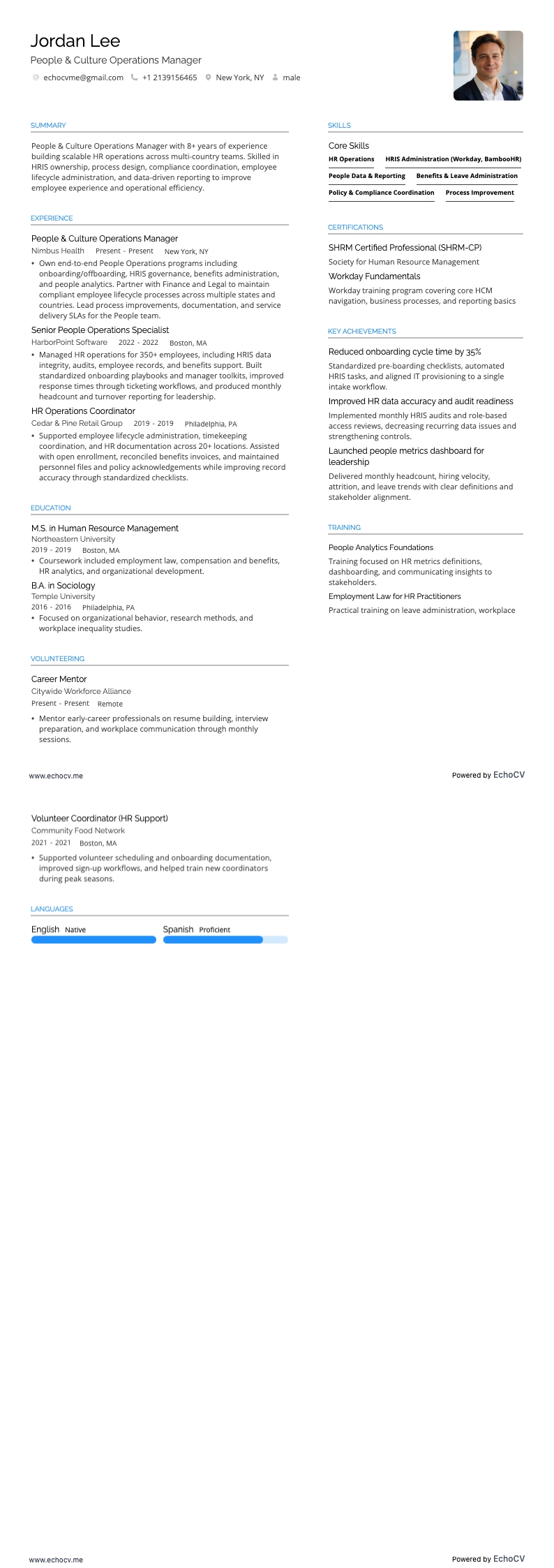 People & Culture Operations Manager example resume