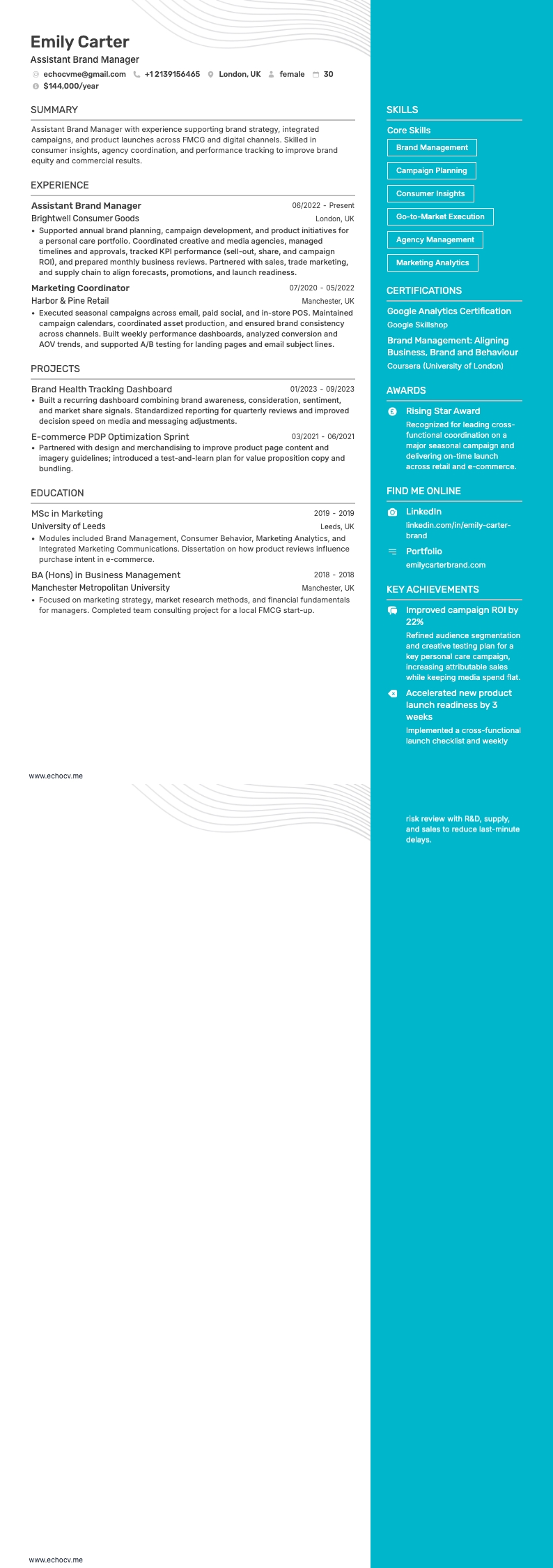 Assistant Brand Manager example resume