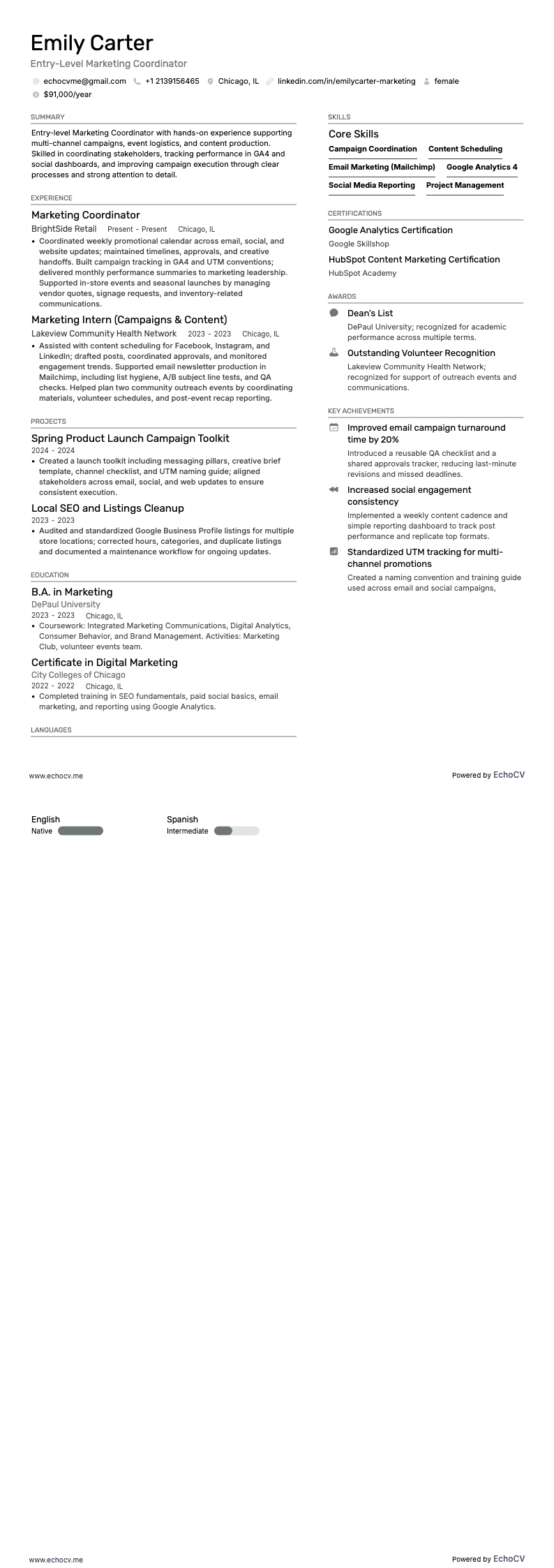 Entry-Level Marketing Coordinator example resume