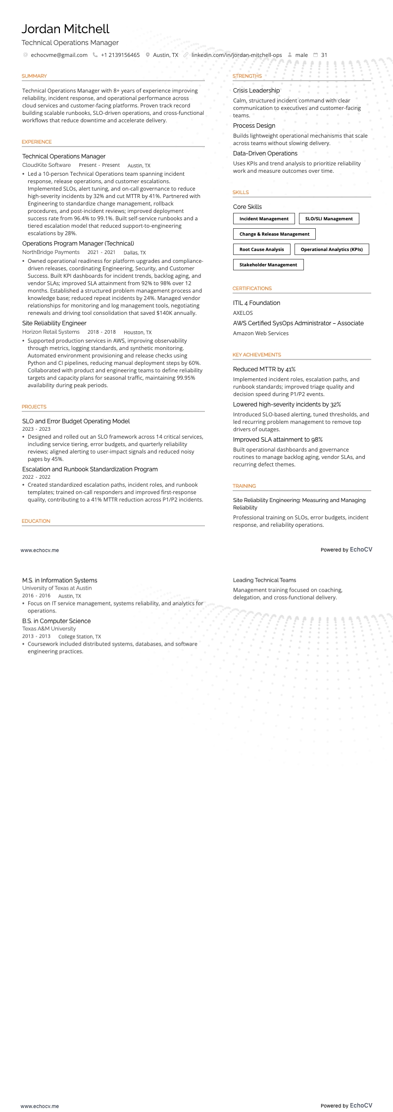 Technical Operations Manager example resume