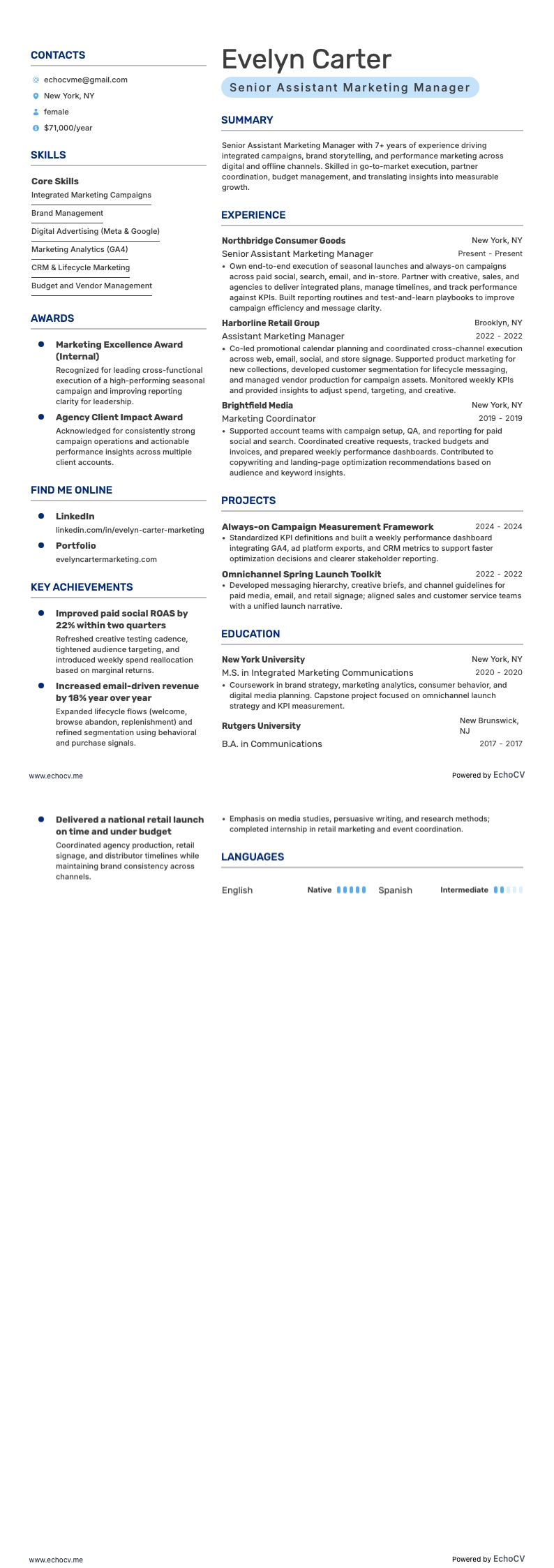 助理行銷經理 resume example