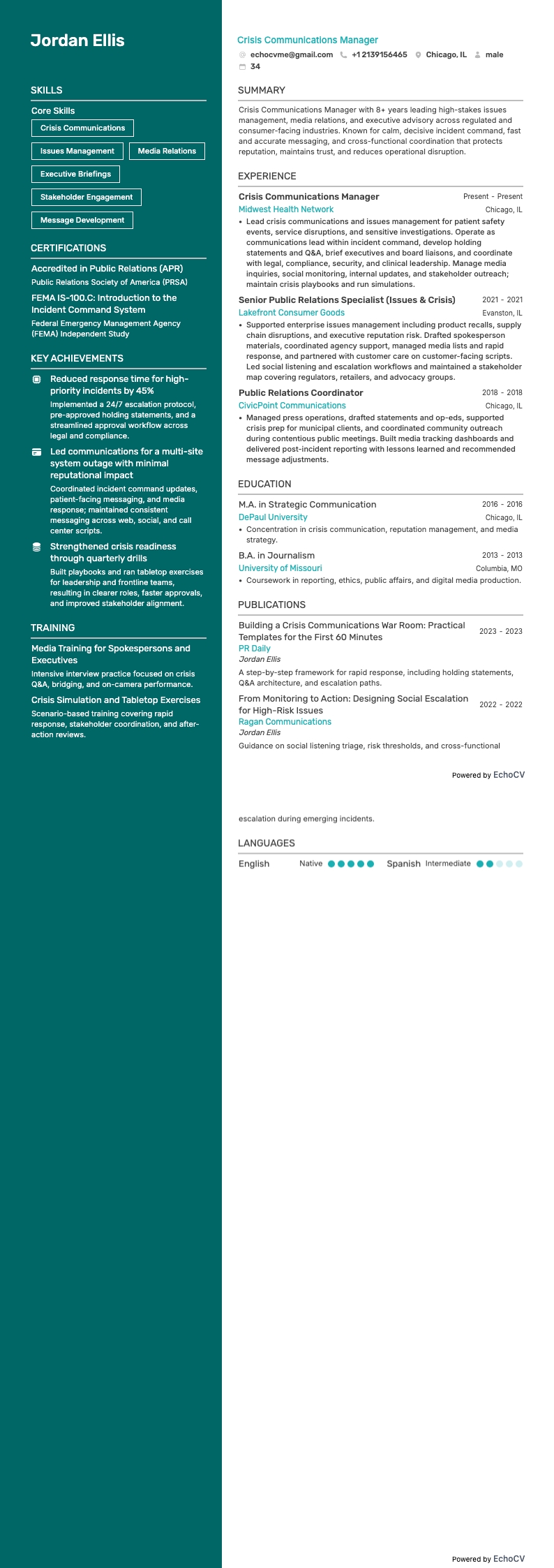 Responsabile delle relazioni pubbliche resume example