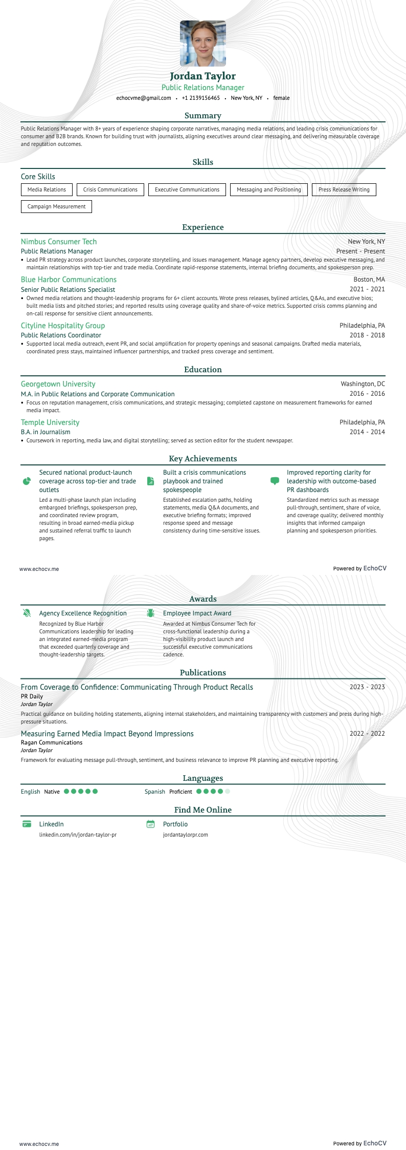 Public Relations Manager resume example