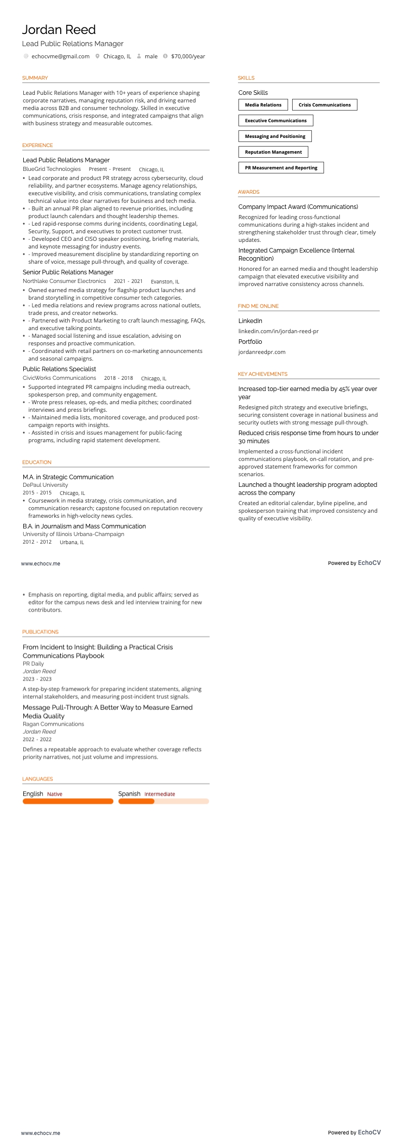 Quản lý Quan hệ Công chúng resume example