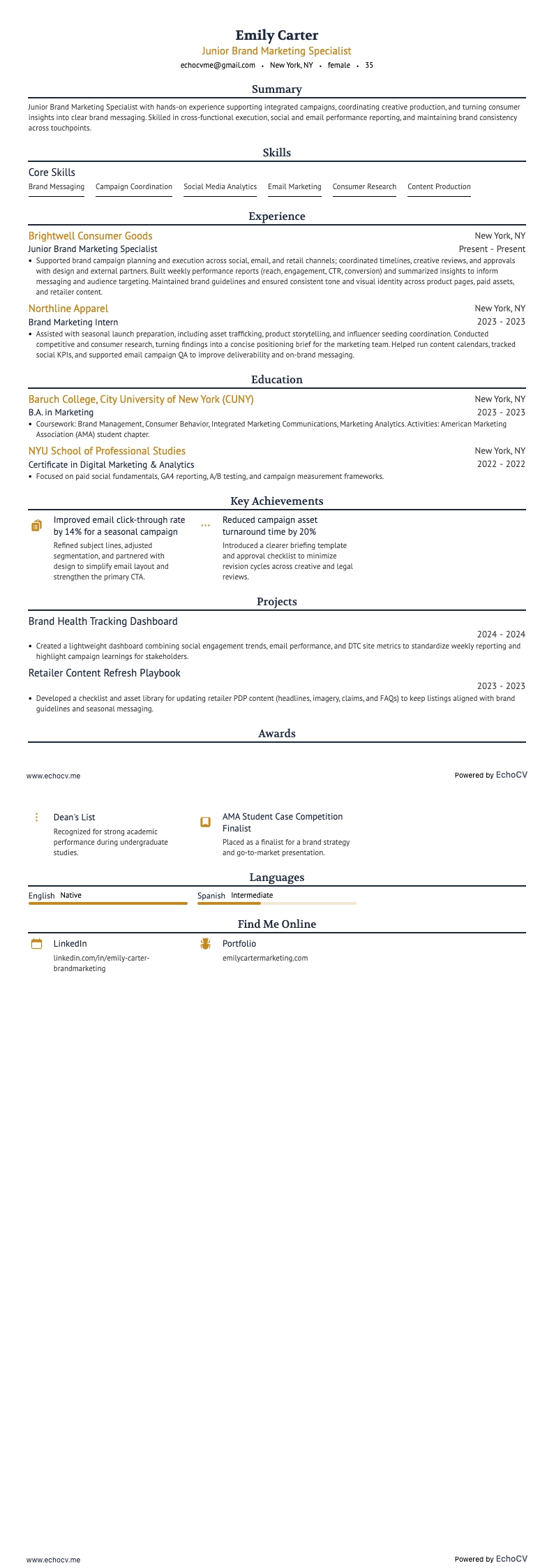 브랜드 마케팅 매니저 resume example