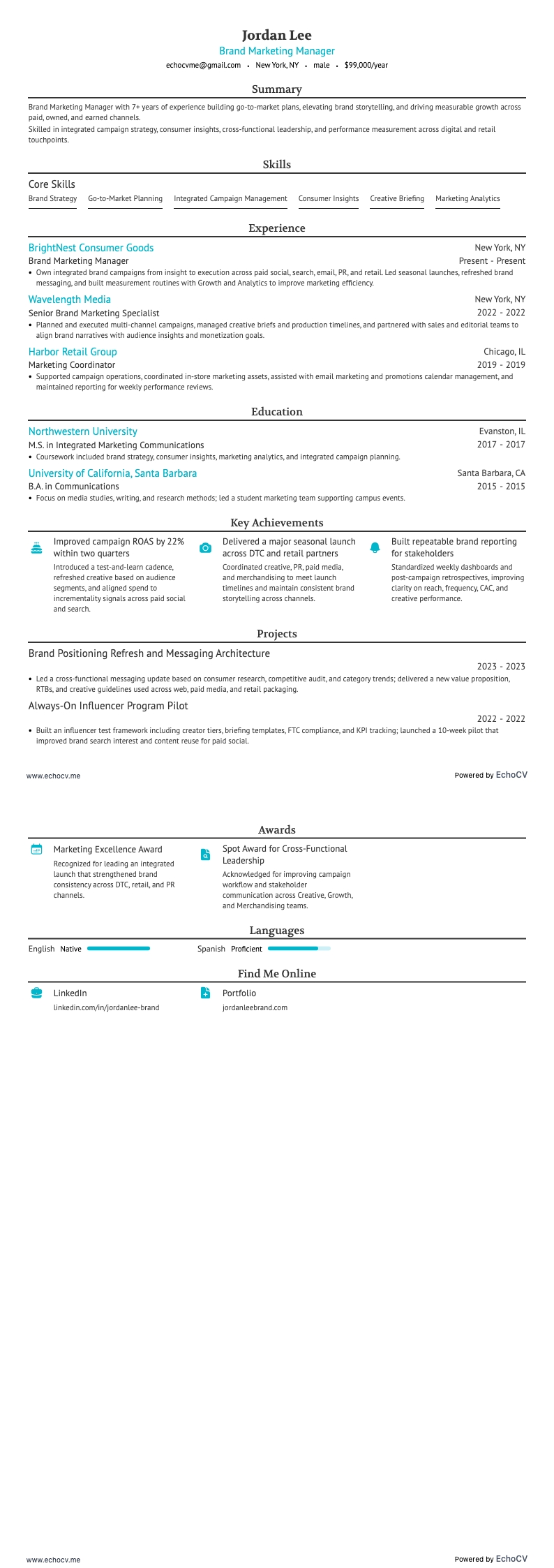 브랜드 마케팅 매니저 example resume
