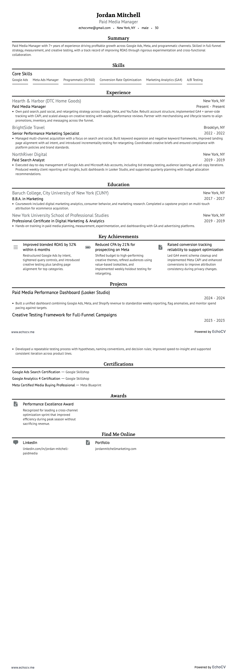 Paid Media Manager example resume