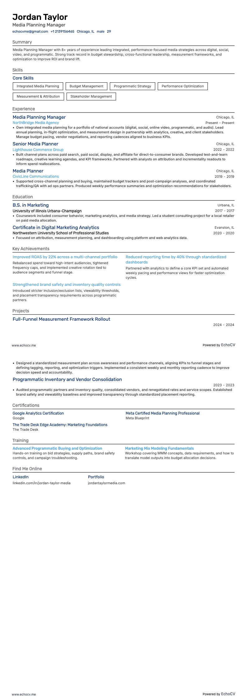 Media Planning Manager example resume