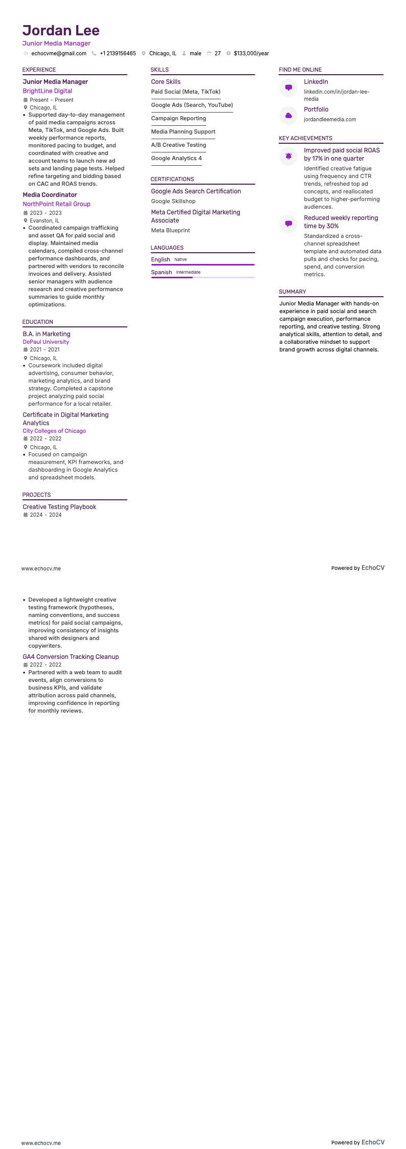 Junior Media Manager example resume