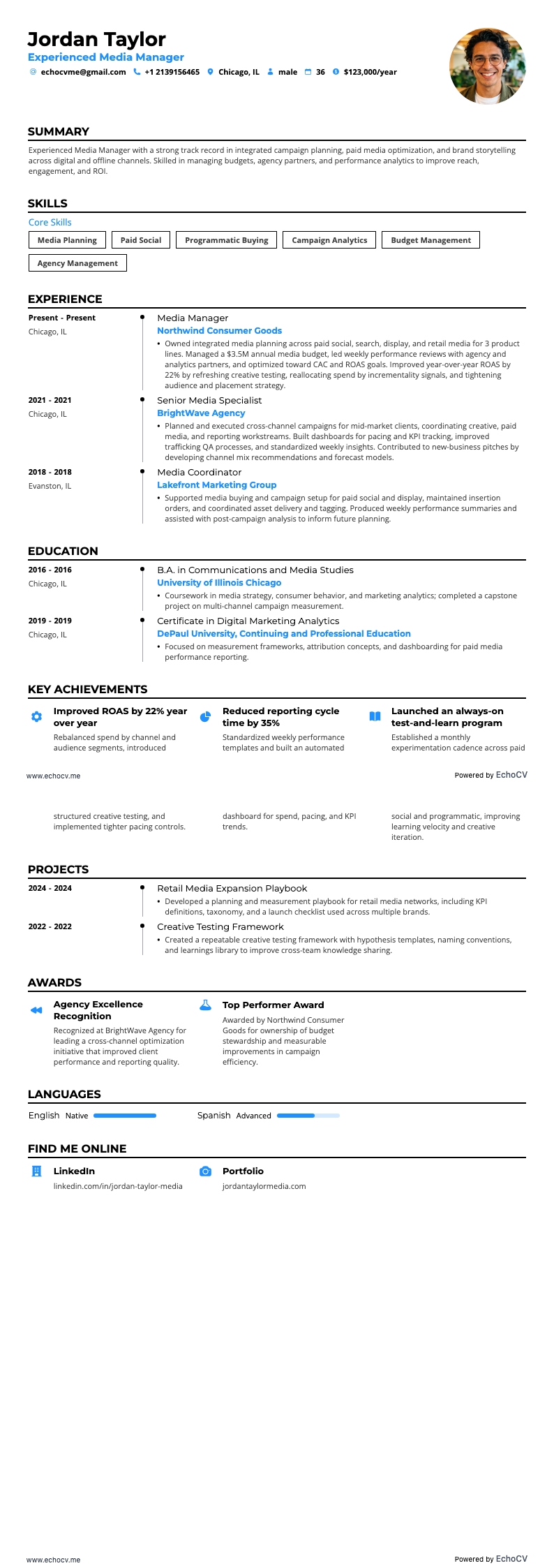 Experienced Media Manager example resume