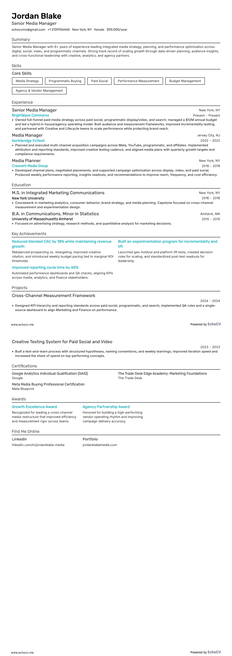 Senior Media Manager example resume