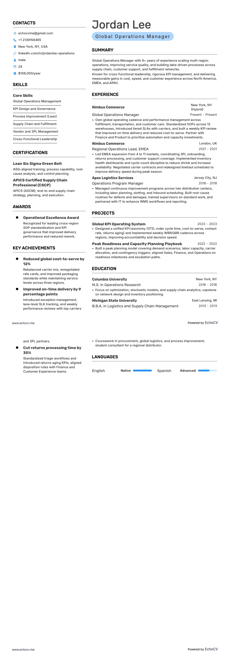Operations Manager resume example