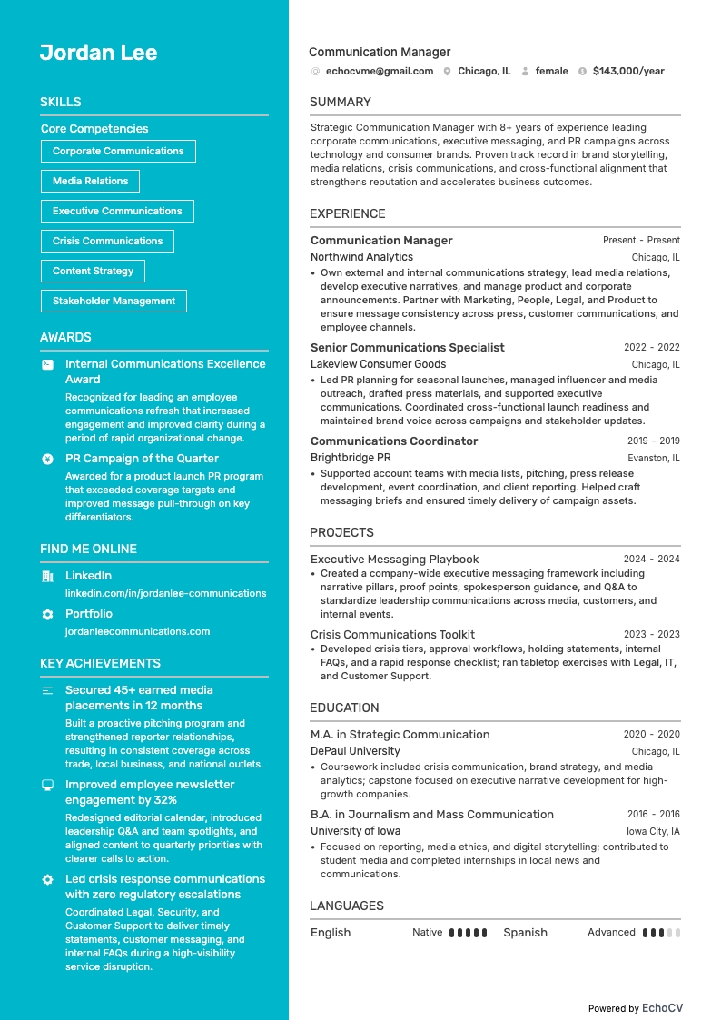 Kommunikationsmanager resume example