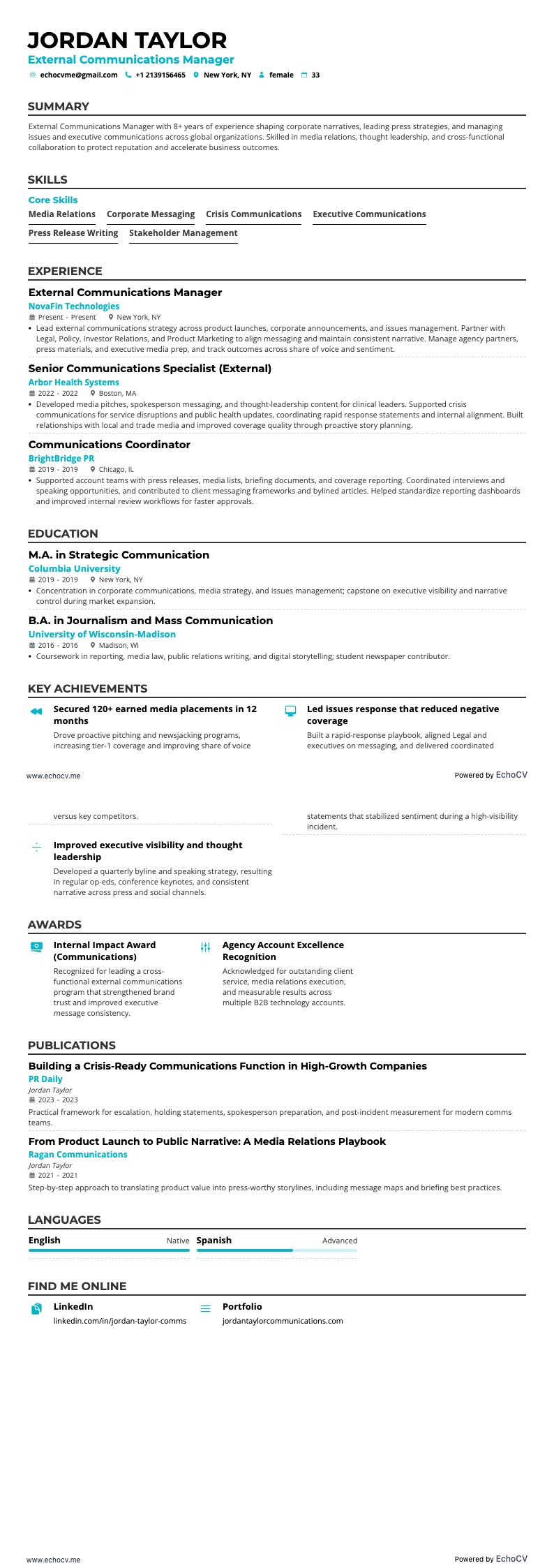 对外传播经理 example resume