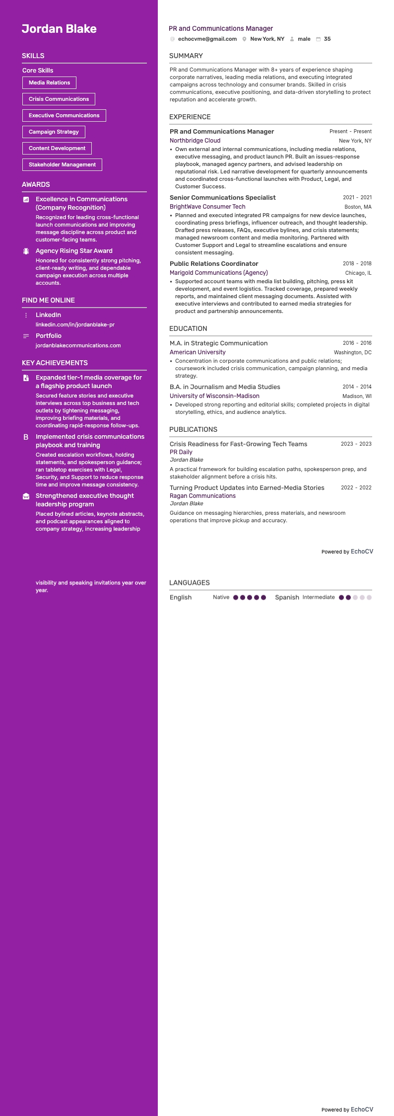 公关与传播经理 example resume