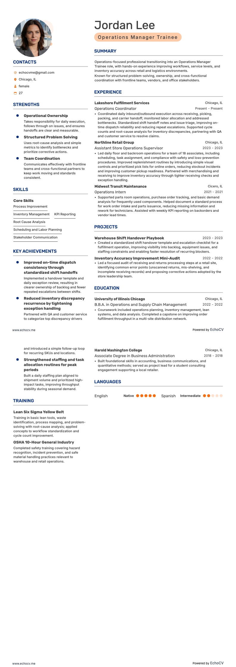 Operations Manager Trainee example resume