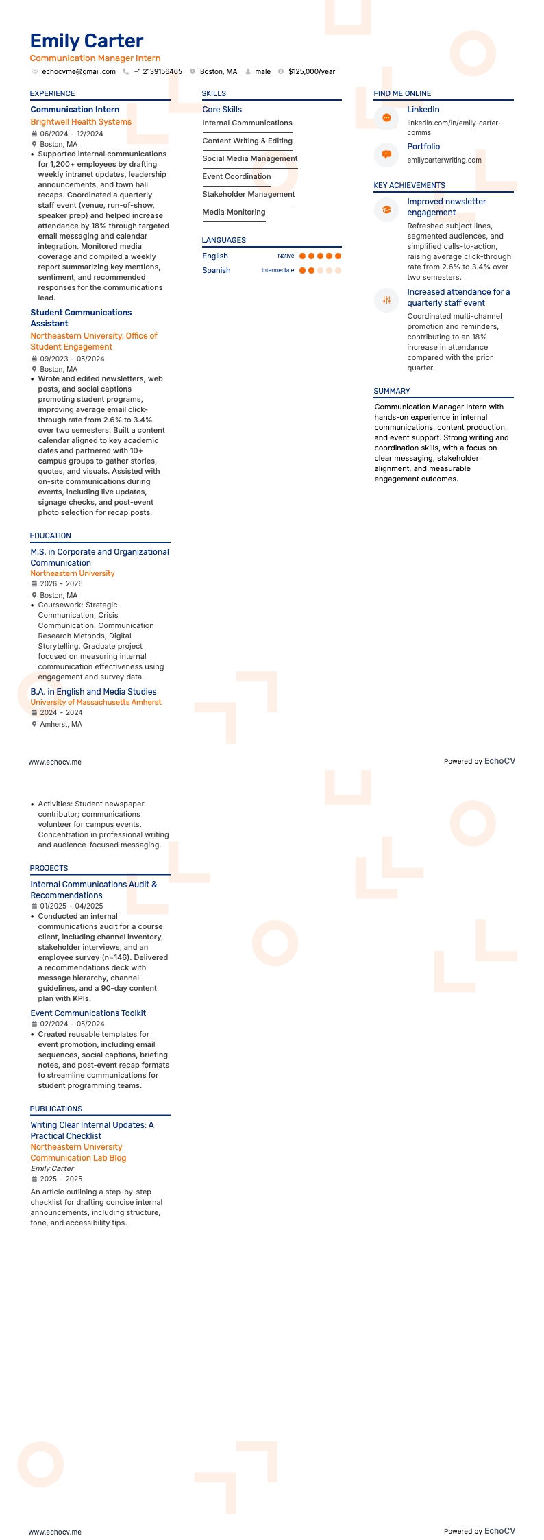 传播经理实习生 example resume