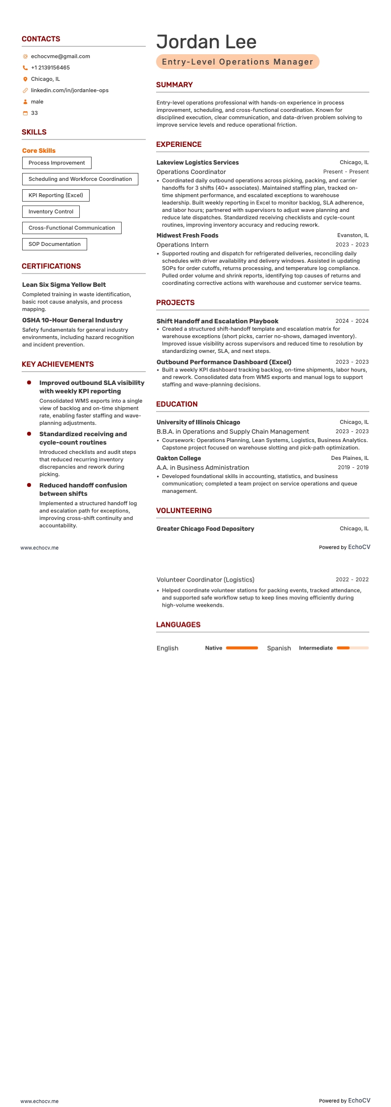 Entry-Level Operations Manager example resume