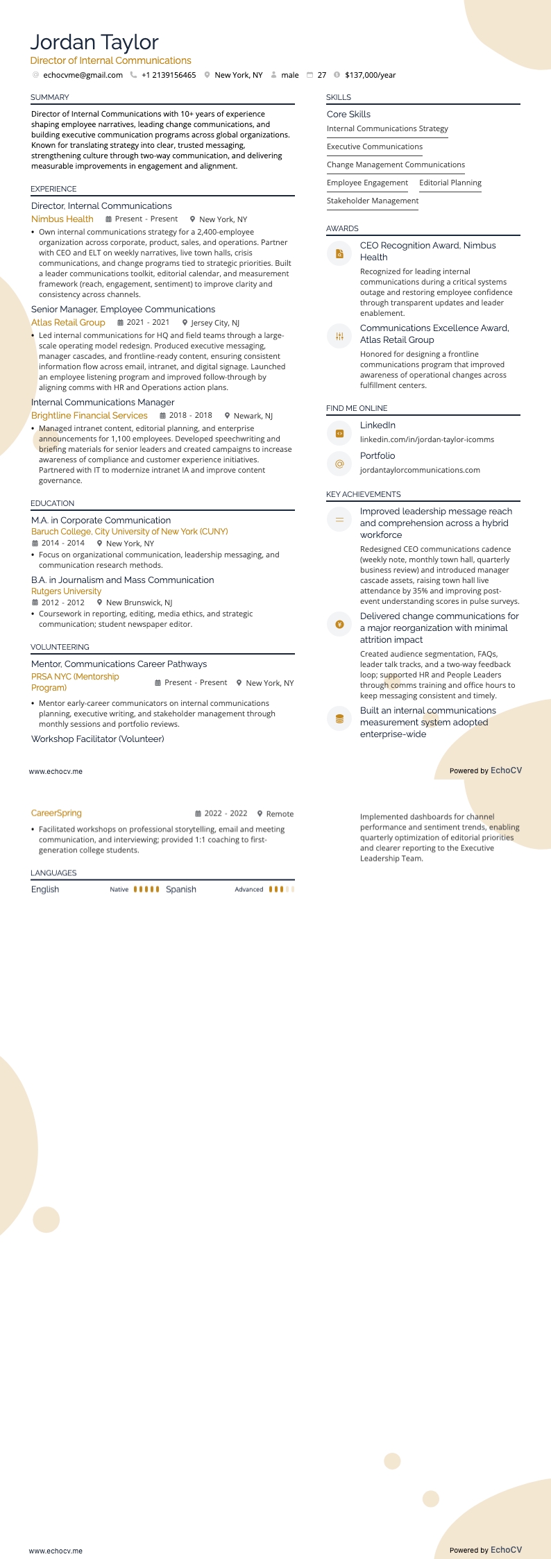 Director of Internal Communications example resume