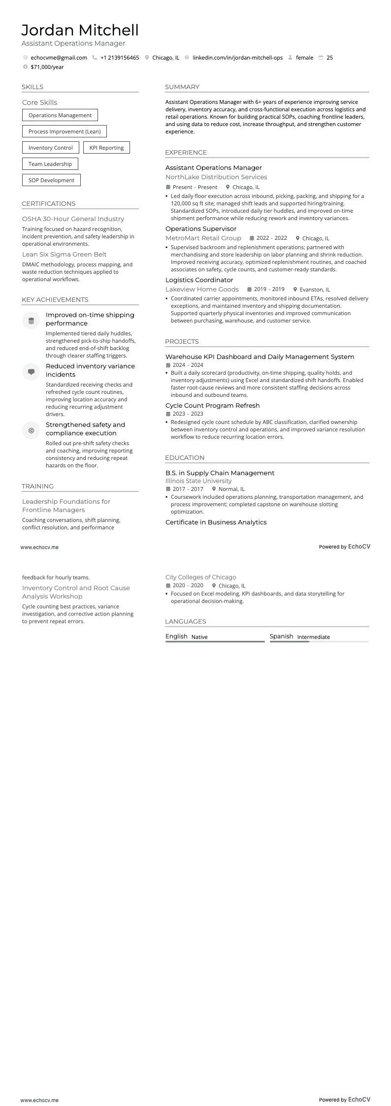 Assistant Operations Manager example resume