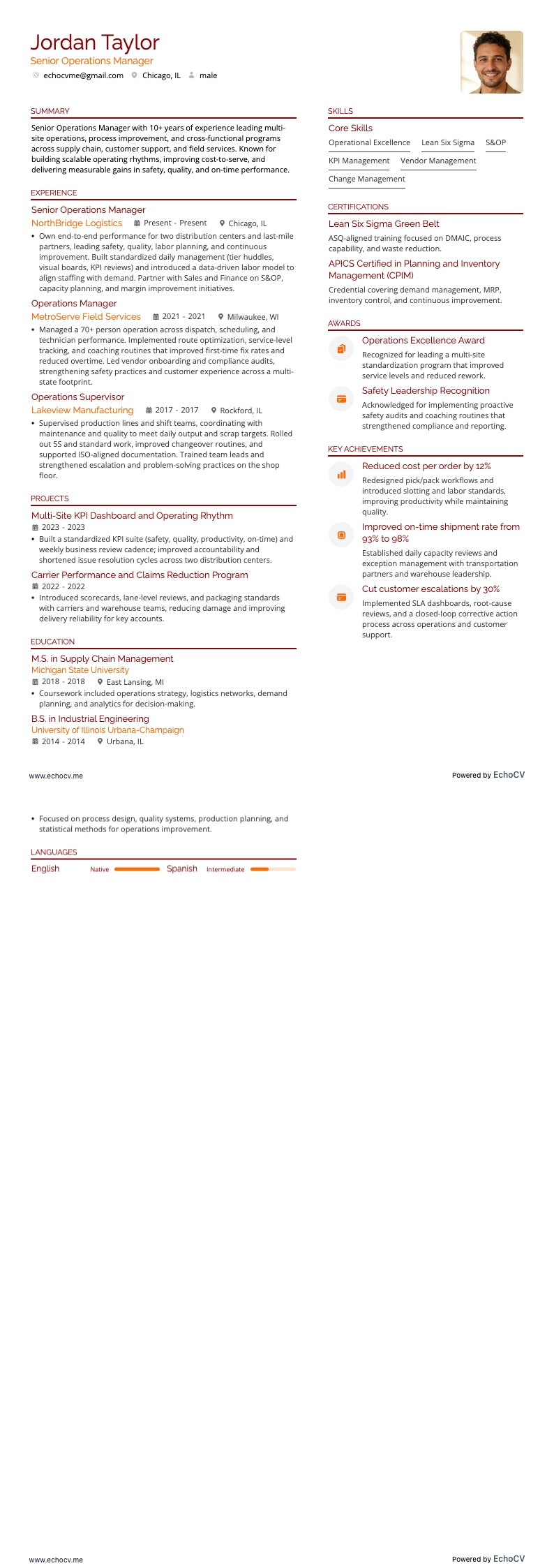 Senior Operations Manager example resume