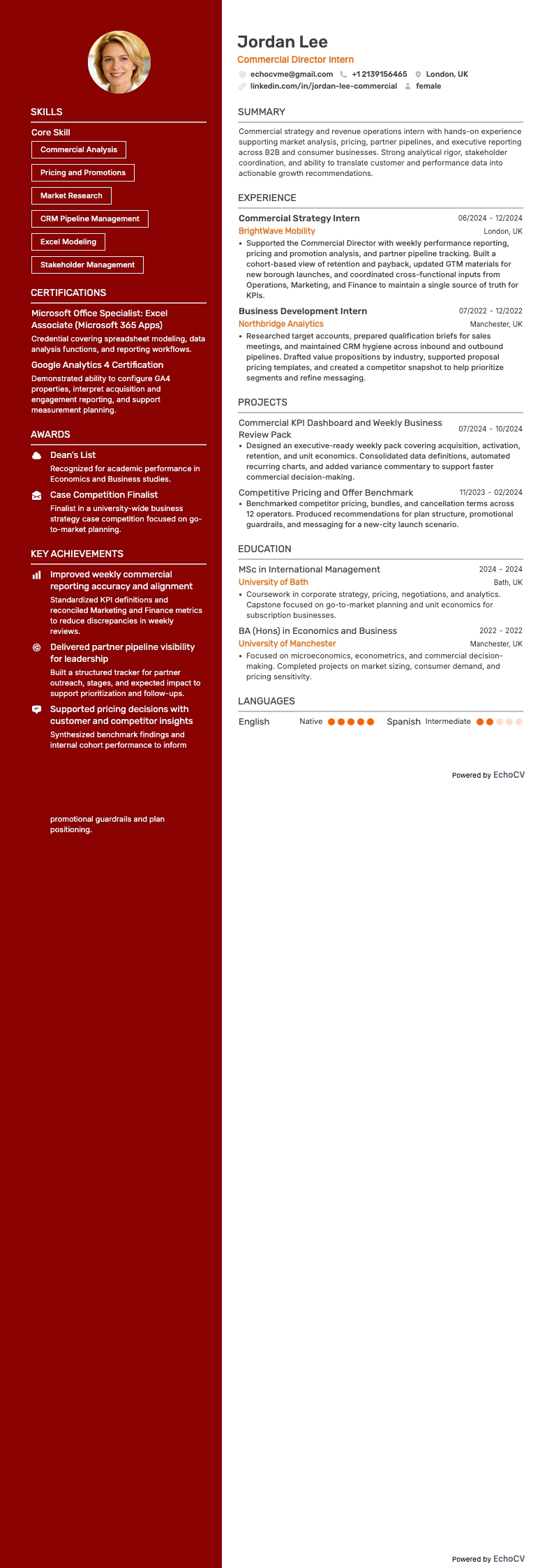 Commercial Director Intern example resume