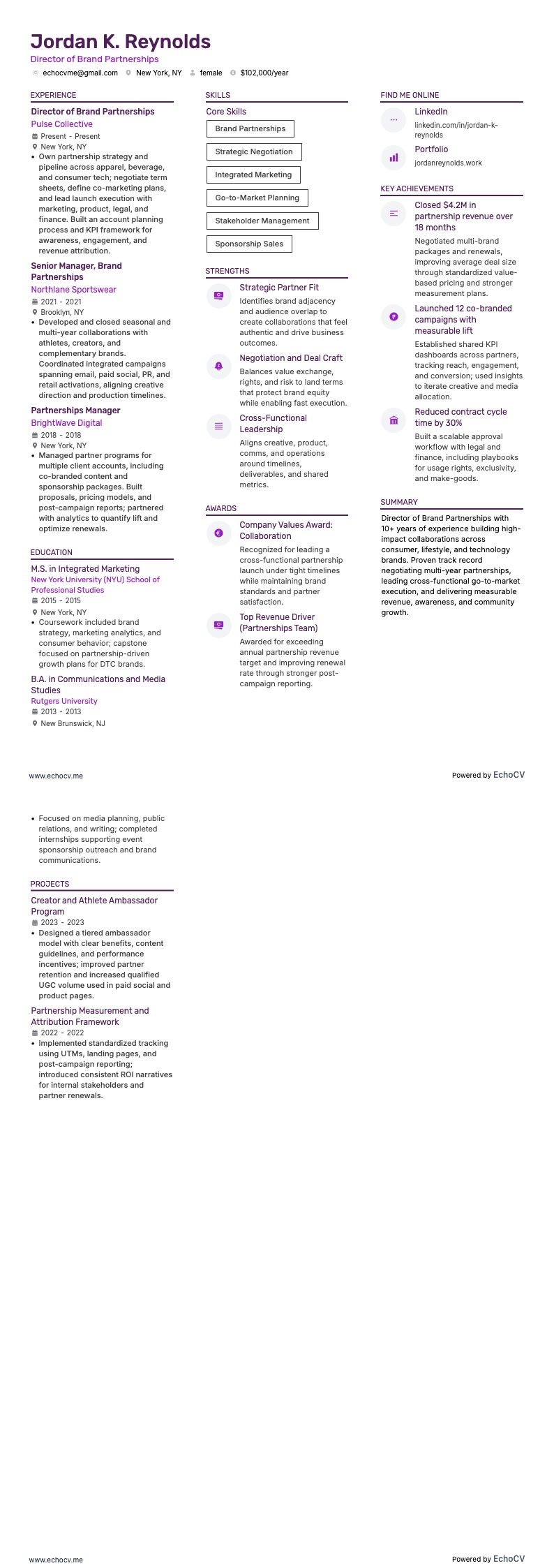 Giám đốc quan hệ đối tác thương hiệu example resume