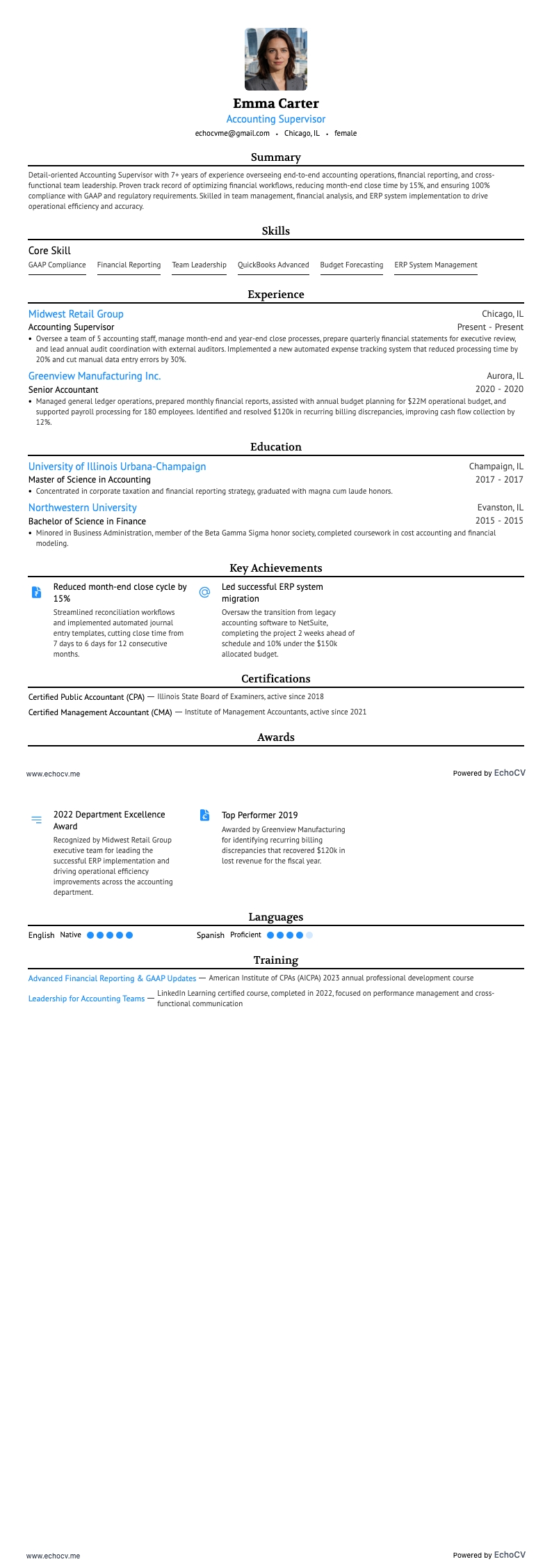 経理監督者 example resume