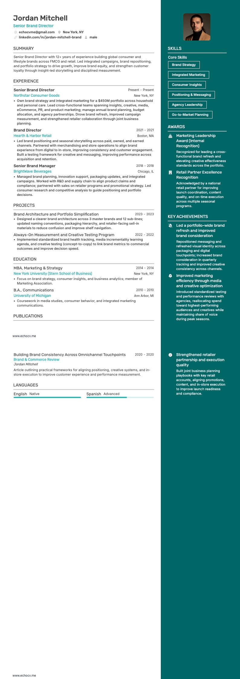 Giám đốc thương hiệu cấp cao resume example