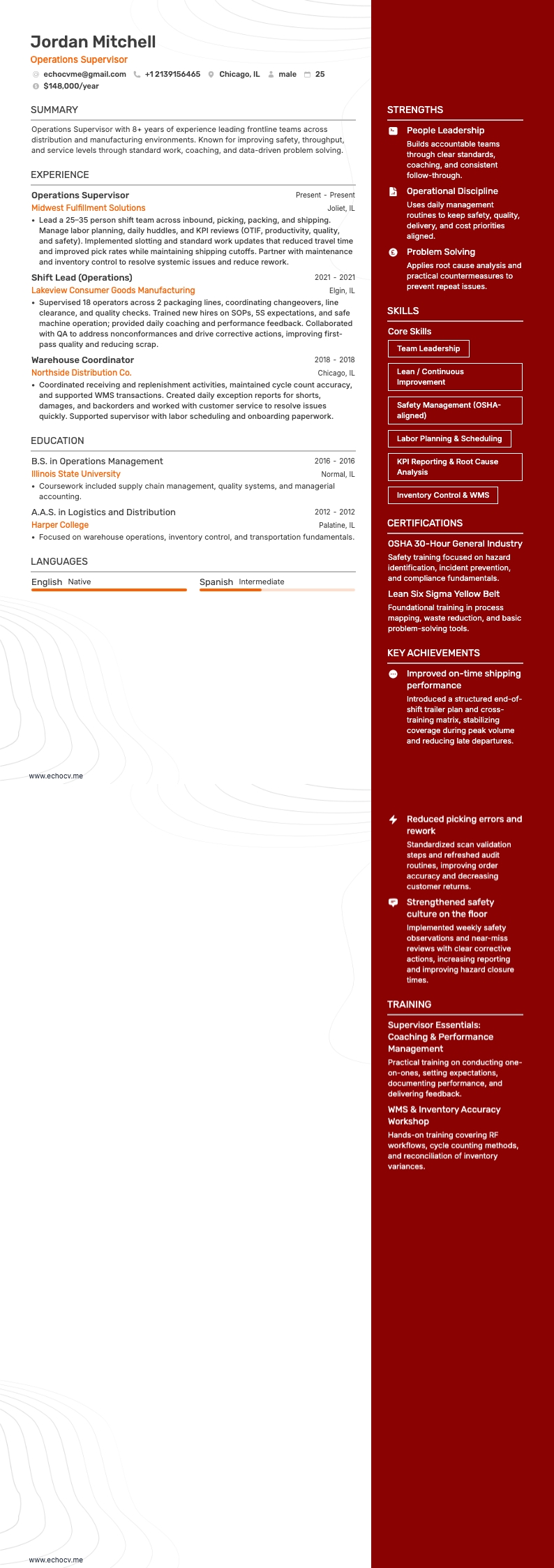 Operations Supervisor example resume