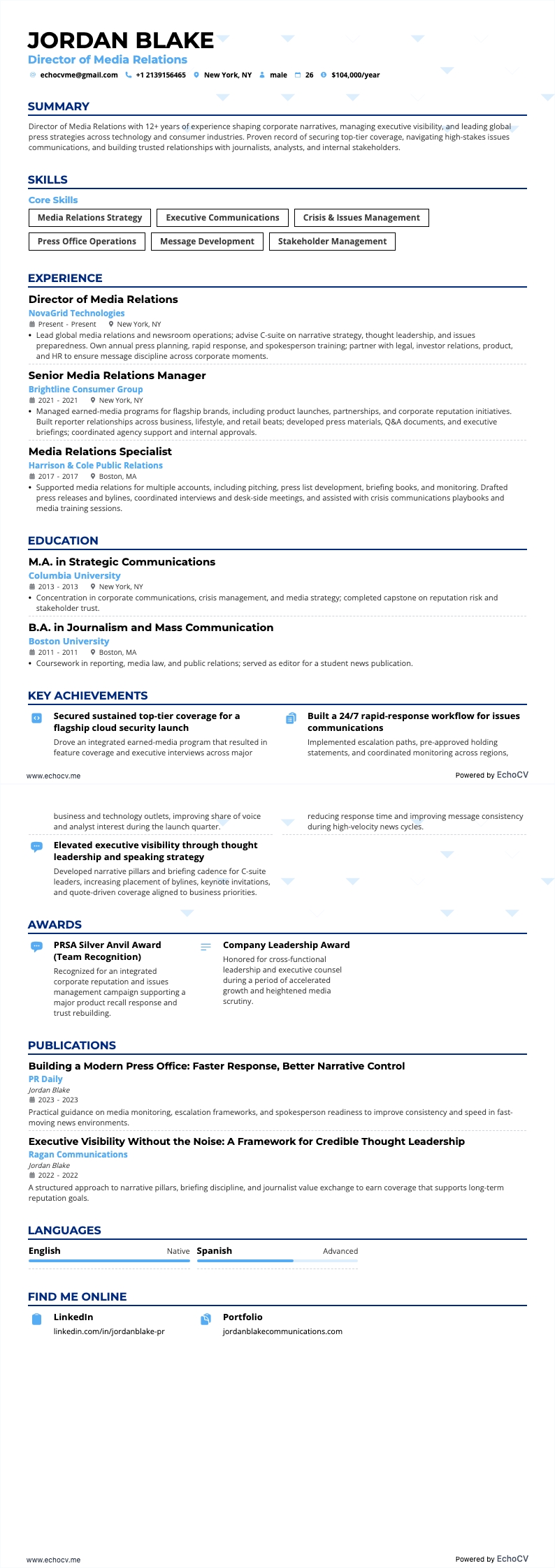 Director of Media Relations example resume
