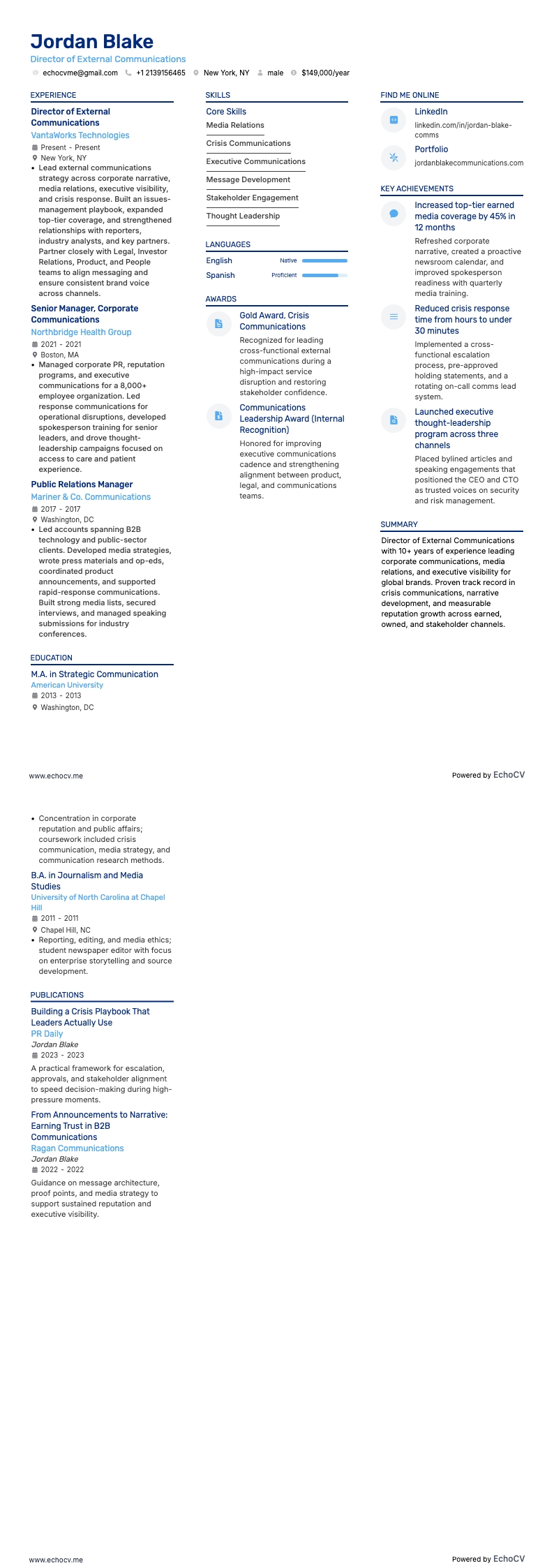 Director of External Communications example resume