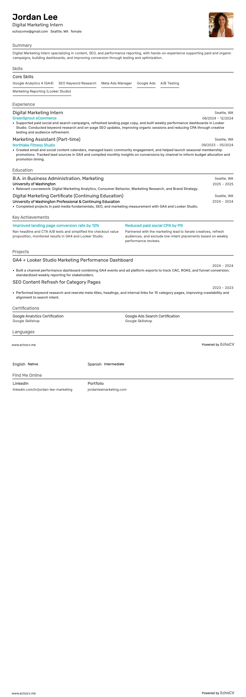 Praktikant im digitalen Marketing resume example