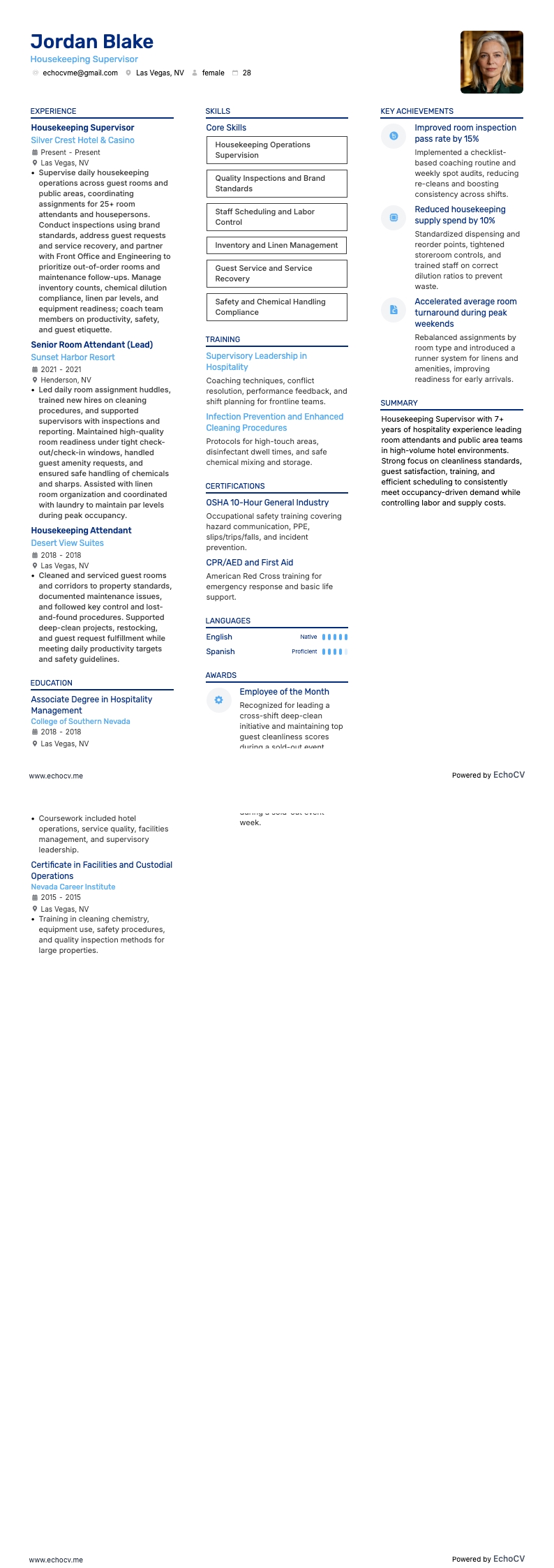 Housekeeping Supervisor example resume