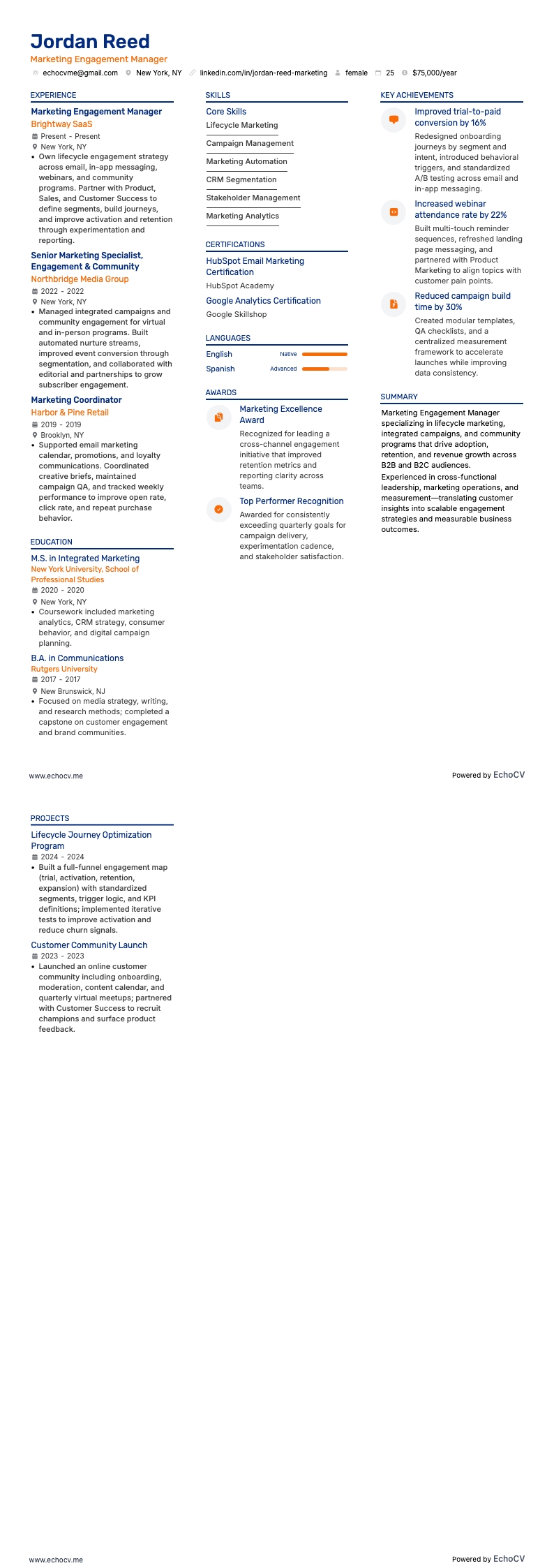 Marketing Engagement Manager example resume