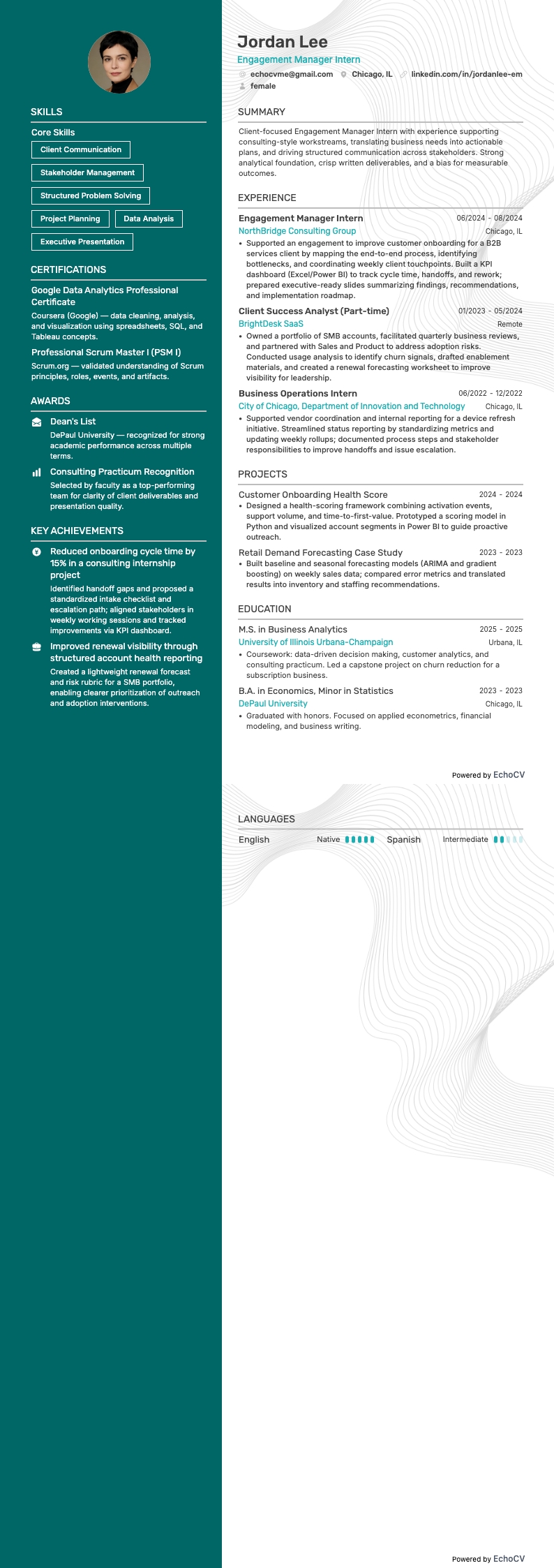 Engagement Manager Intern example resume