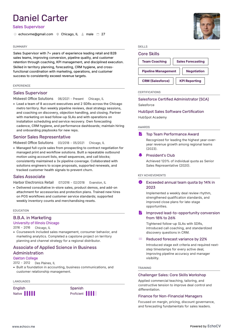 Sales Supervisor example resume