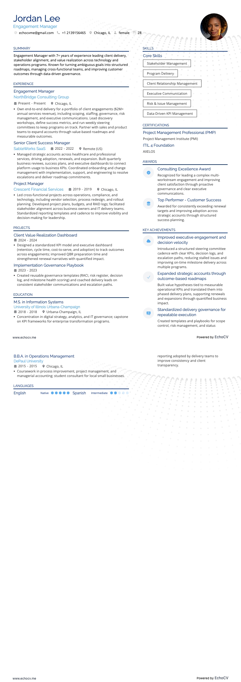 Engagement Manager example resume