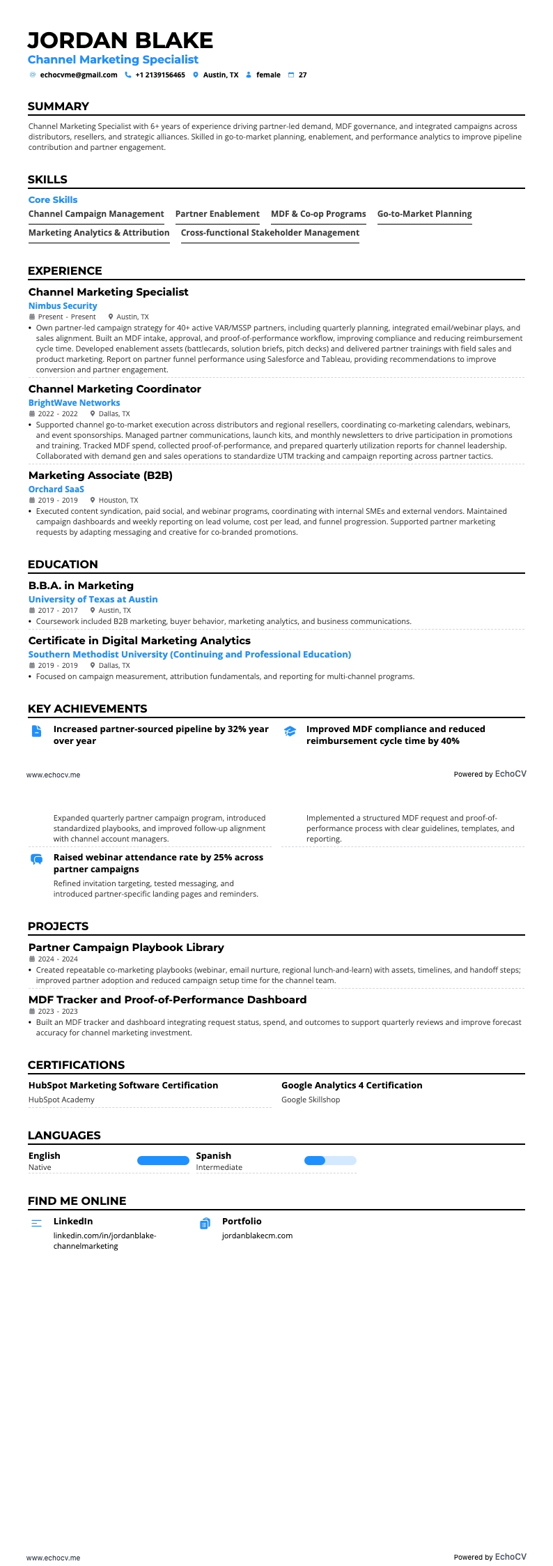 Channel Marketing Specialist example resume