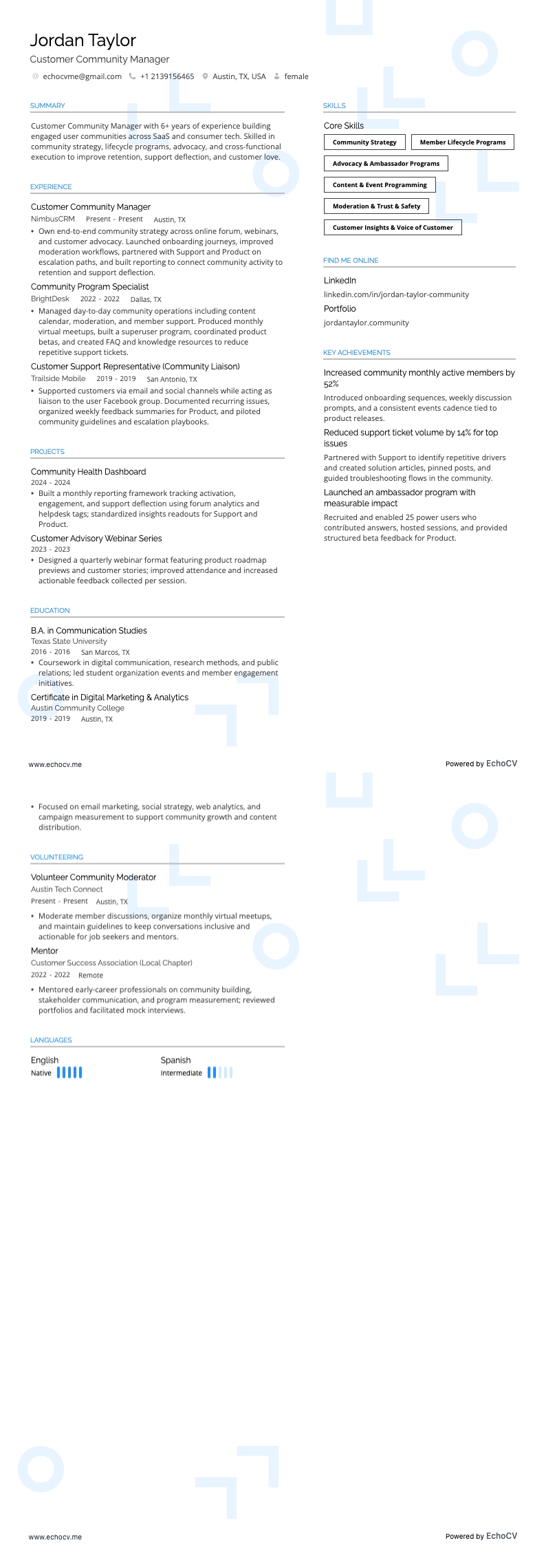 Customer Community Manager example resume