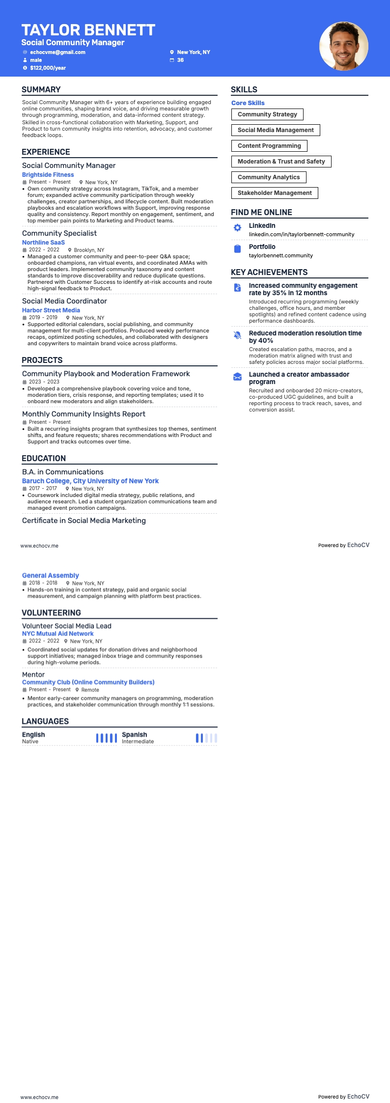 Social Community Manager example resume