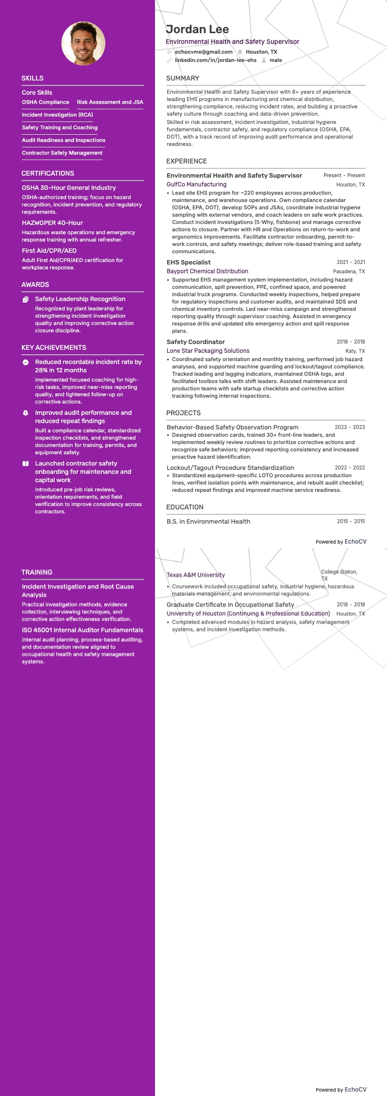 Environmental Health and Safety Supervisor example resume