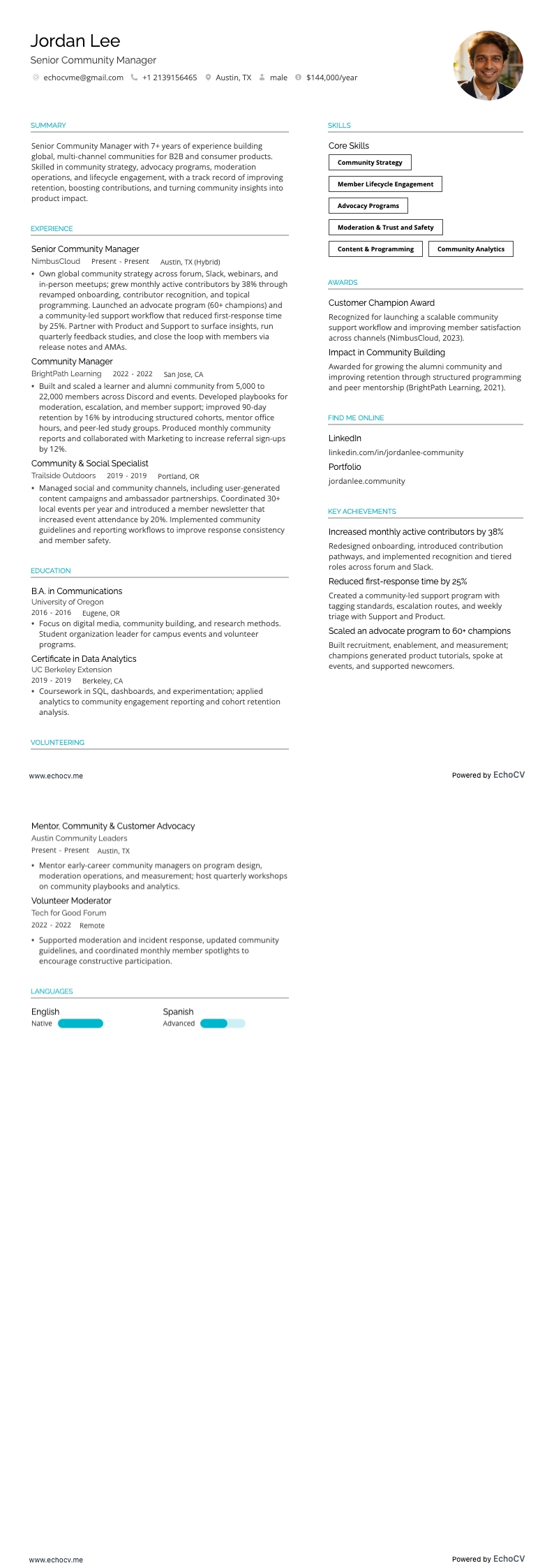 Senior Community Manager example resume