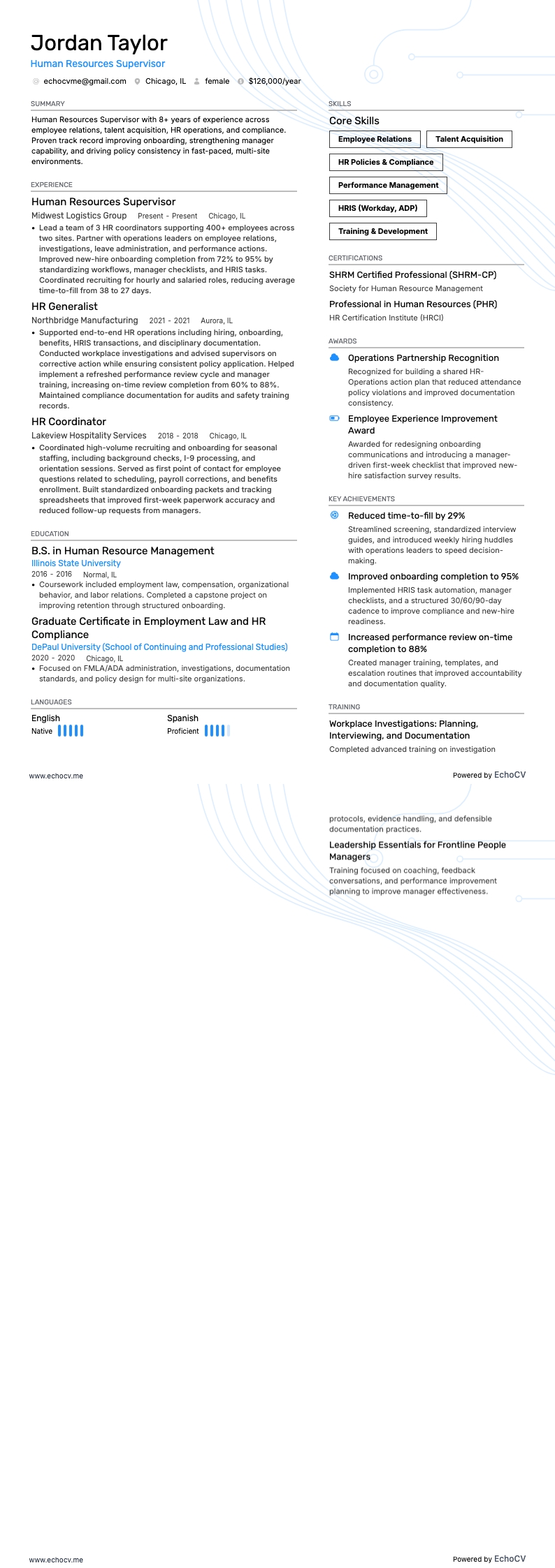 Human Resources Supervisor example resume