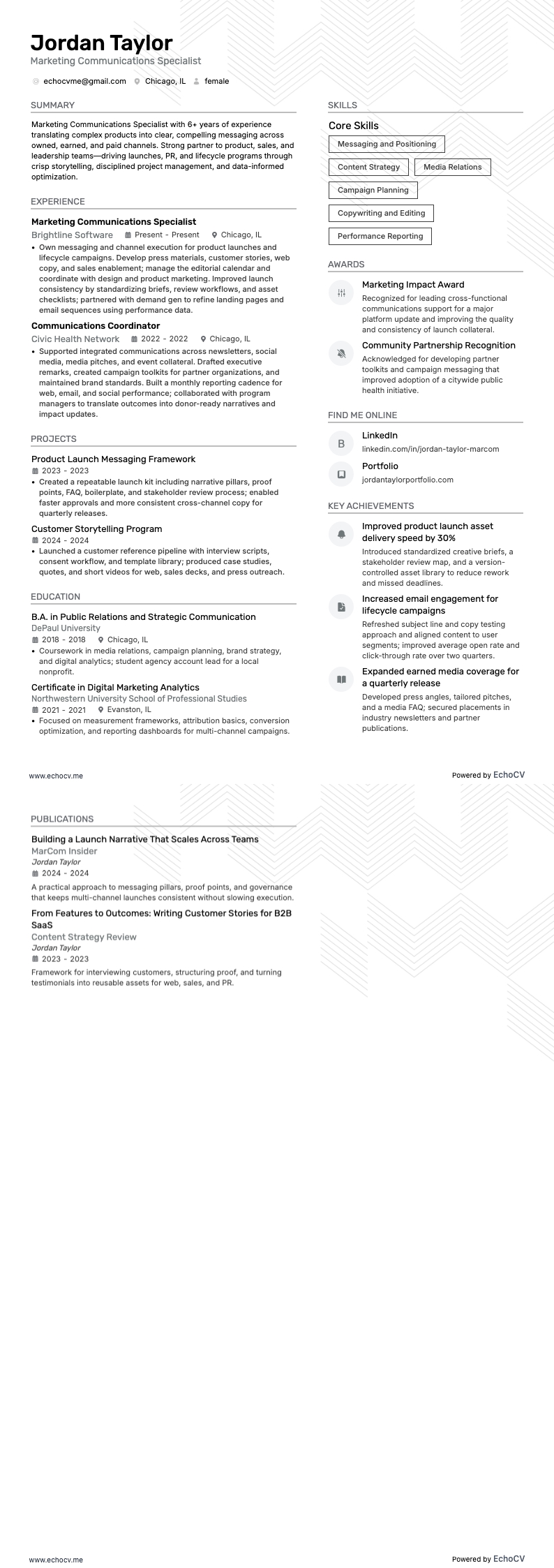 Marketing Communications Specialist example resume