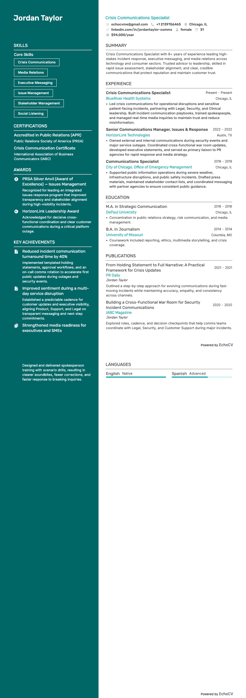 Crisis Communications Specialist example resume